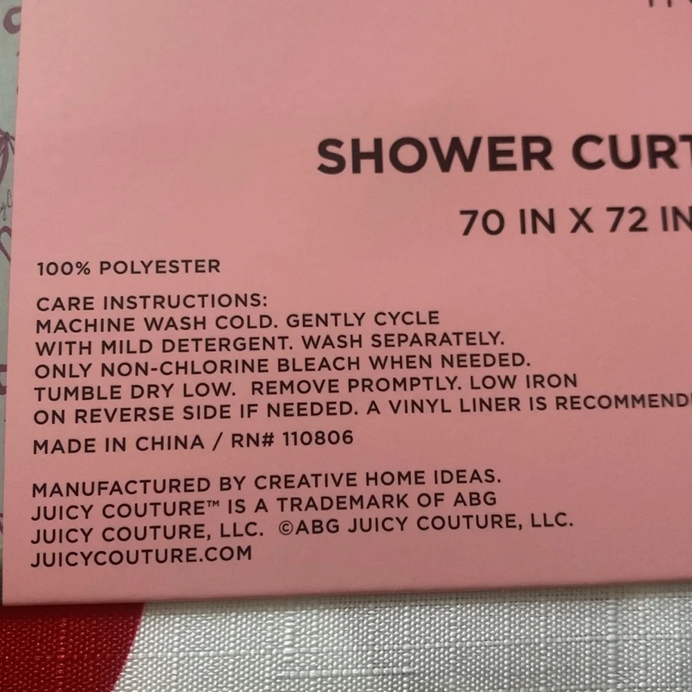 Juicy Couture Pink & Red Cherry Bows Shower Curtain with Hooks Set